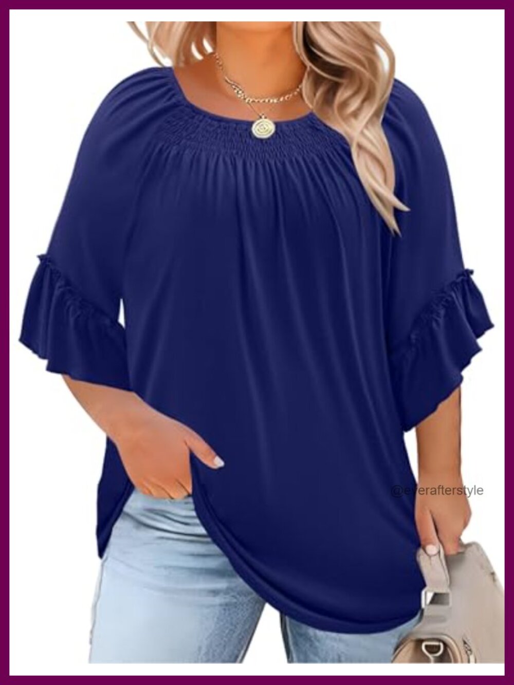 Womens Plus Size 3/4 Ruffle Sleeve Pleated Crewneck Peasant Blouse Top